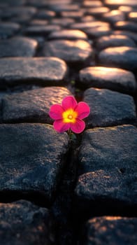 flower blooming amidst the cracks of dark grey granite brickwork of a city street. AI generative.