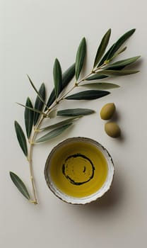 Olive oil, olives and olive branches. AI generative.