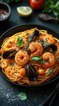 Pasta with seafood in tomato sauce, and shrimp and clams. AI generative.