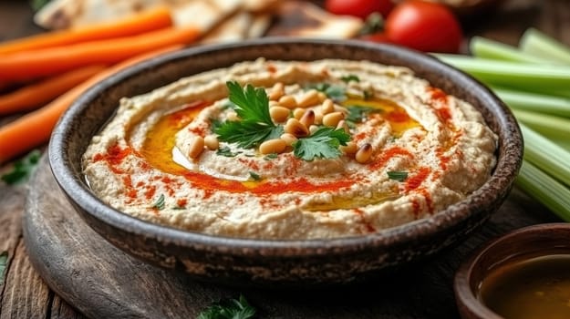 roasted garlic hummus served in bowl topped with paprika, flat parsely and roasted pine . AI generative.