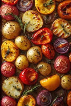 a rustic baking sheet filled with freshly roasted vegetables, including colorful peppers, onions, potatoes, zucchini and whole garlic cloves. Ai generative.