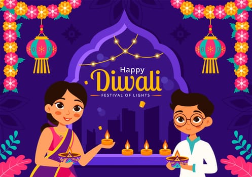 Diwali Festival of Lights Vector Illustration featuring Traditional Indian Rangoli Decoration, Festive Lamp and Fireworks in a Holiday Flat Background