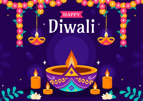 Diwali Festival of Lights Vector Illustration featuring Traditional Indian Rangoli Decoration, Festive Lamp and Fireworks in a Holiday Flat Background