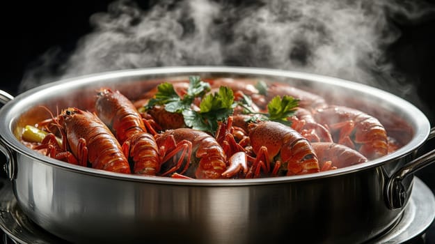 crawfish in a hot pot, full of red sauce . AI generative.