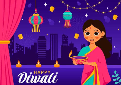 Diwali Festival of Lights Vector Illustration featuring Traditional Indian Rangoli Decoration, Festive Lamp and Fireworks in a Holiday Flat Background