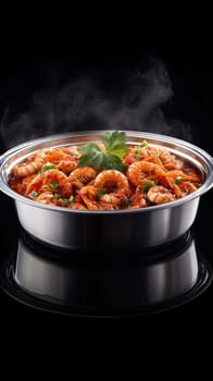 crawfish in a hot pot, full of red sauce . AI generative.