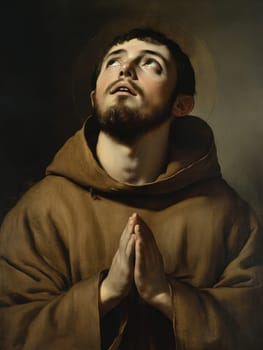 st Francis of Assisi, young man, monk, beard, brown clothing, AI generative.
