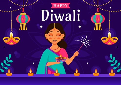 Diwali Festival of Lights Vector Illustration featuring Traditional Indian Rangoli Decoration, Festive Lamp and Fireworks in a Holiday Flat Background