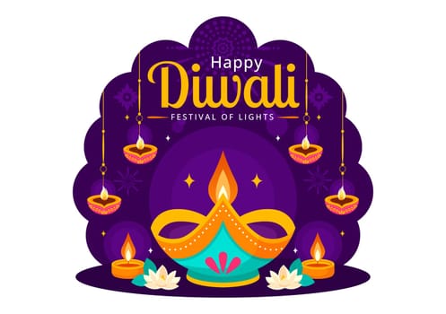 Diwali Festival of Lights Vector Illustration featuring Traditional Indian Rangoli Decoration, Festive Lamp and Fireworks in a Holiday Flat Background