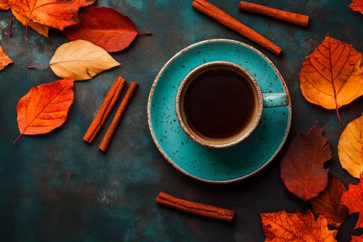 A cup of coffee with cinnamon sticks and autumn leaves on the table. Autumn mood. AI generated