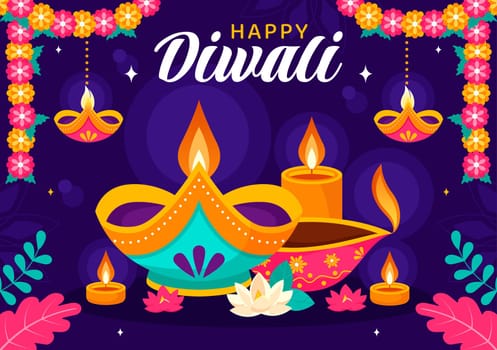 Diwali Festival of Lights Vector Illustration featuring Traditional Indian Rangoli Decoration, Festive Lamp and Fireworks in a Holiday Flat Background
