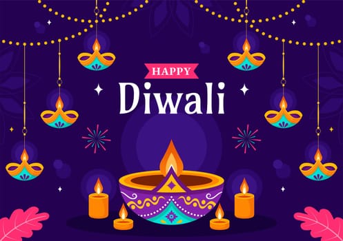 Diwali Festival of Lights Vector Illustration featuring Traditional Indian Rangoli Decoration, Festive Lamp and Fireworks in a Holiday Flat Background