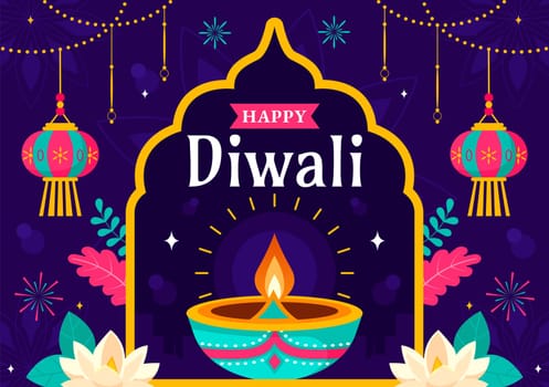 Diwali Festival of Lights Vector Illustration featuring Traditional Indian Rangoli Decoration, Festive Lamp and Fireworks in a Holiday Flat Background