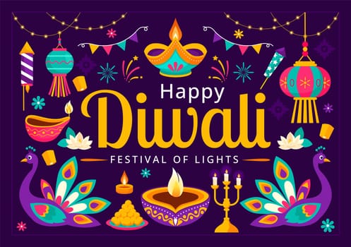 Diwali Festival of Lights Vector Illustration featuring Traditional Indian Rangoli Decoration, Festive Lamp and Fireworks in a Holiday Flat Background