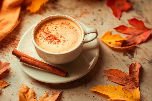 A cup of hot cappuccino with cinnamon sticks and autumn leaves on the table. Autumn mood, autumn atmosphere. AI generated
