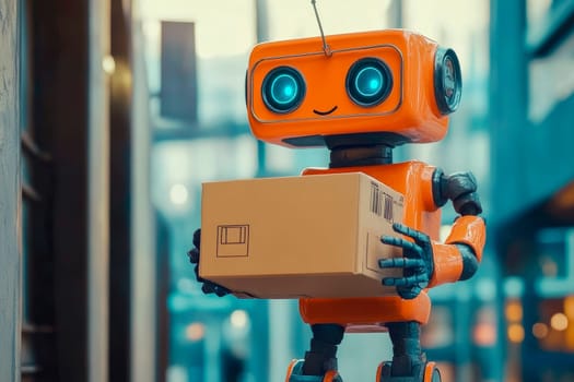 Cute orange robot carrying delivery box on the street. Automation and logistics concept. AI generated