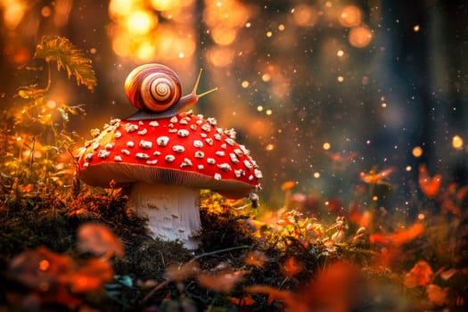Snail sitting on a red amanita in a fairytale dreamy forest.  AI generated
