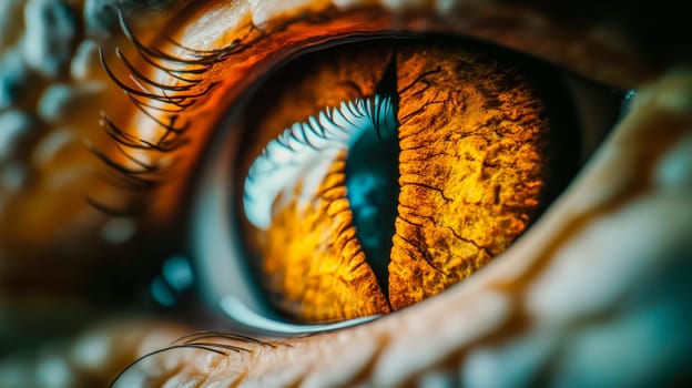 Close-up view of dragon eye with white scales as background. AI generated