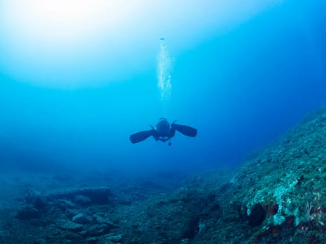 unrecognizable professional diver in wetsuit and flippers swimming near rough stony formation with uneven surface in deep blue sea with clear water