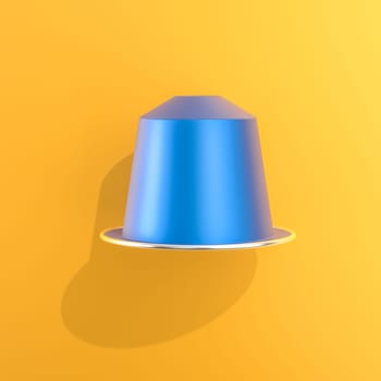 Blue 3d espresso coffee capsule yellow background casting a shadow