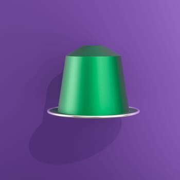 Green coffee capsule hovering over a purple background, casting a shadow