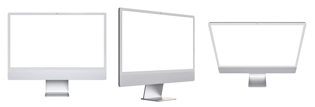 silver monitors blank screens different angles isolated white background