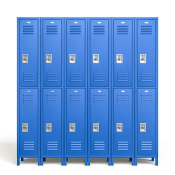 Row classic blue metal school lockers on white background 3d