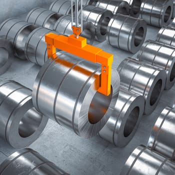 Industrial crane lifting steel roll in warehouse 3d background