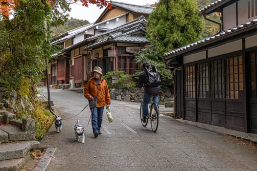 Elderly woman in  charming japanese village, kyoto japan