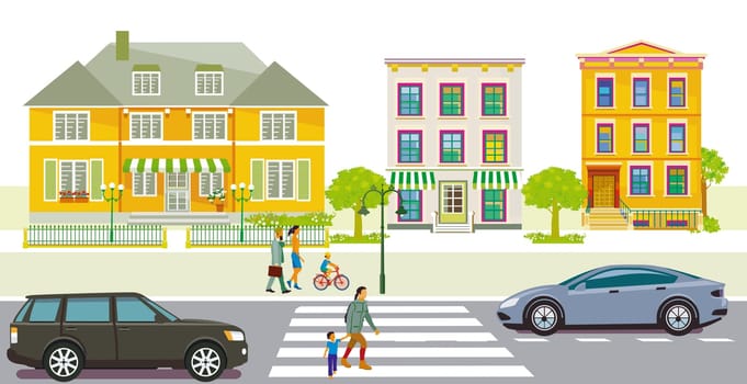 Leisure time with family in suburb and road traffic illustration