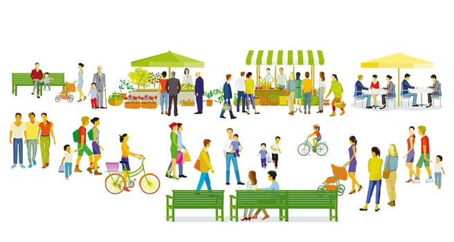 Groups of people at the weekly market, in their free time in the residential area, illustration