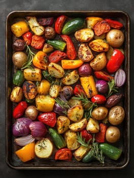 a rustic baking sheet filled with freshly roasted vegetables, including colorful peppers, onions, potatoes, zucchini and whole garlic cloves. Ai generative.