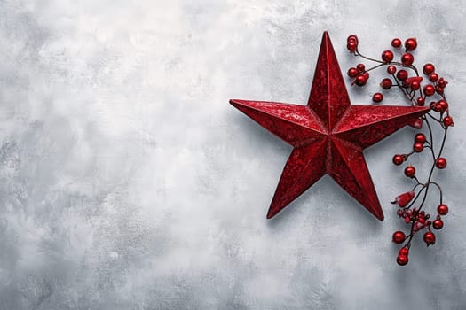A striking red Christmas star is placed alongside a cluster of red berries, all set against a clean gray background. This festive arrangement captures the spirit of the holiday season.
