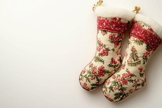 These festive Christmas stockings are adorned with vibrant patterns, positioned neatly on a clean, solid background, adding a joyful touch to the holiday season.