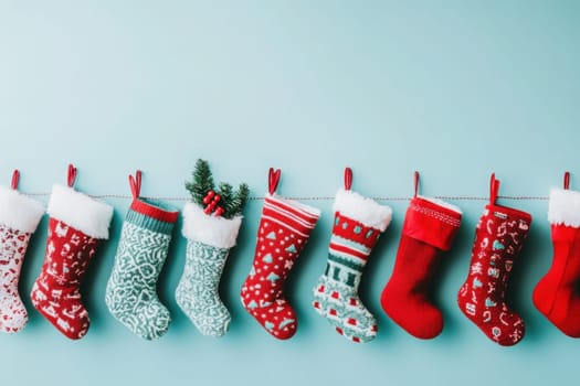 A row of cheerful Christmas stockings in festive designs hangs on a clean background. The stockings are adorned with various patterns and decorations, embracing the spirit of the season.