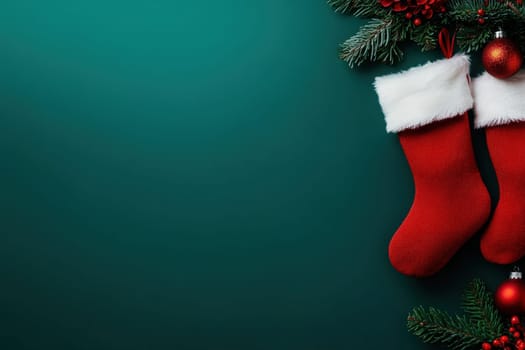 Two traditional red Christmas stockings hang in a festive arrangement, accented by holiday greenery and ornaments on a clean green backdrop, creating a cheerful seasonal atmosphere.