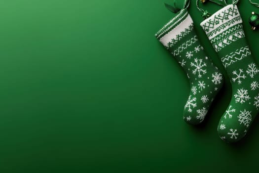 Two green Christmas stockings with white snowflake designs hang against a clean, solid background, adding a festive touch. They are ready to be filled with holiday treats and surprises.