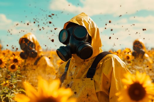 Creepy janitors wearing gas masks in a radioactive field of sunflowers. AI generated