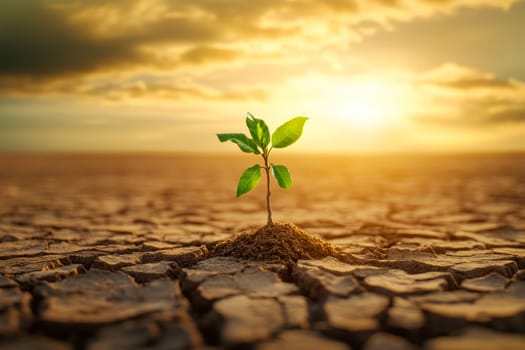 Young tree growing in desolate landscape with cracked earth and dead vegetation. AI generated