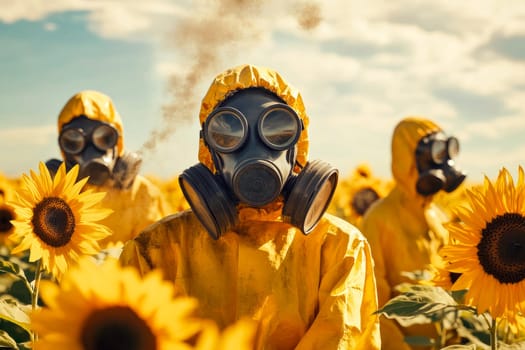 Creepy janitors wearing gas masks in a field of sunflowers. AI generated