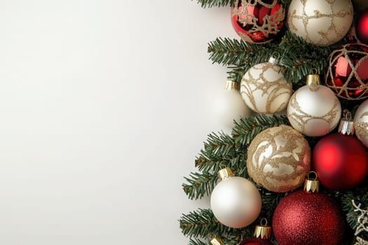 Vibrant Christmas tree ornaments in red, gold, and white are nestled among evergreen branches, creating a festive atmosphere perfect for holiday celebrations and seasonal decor.