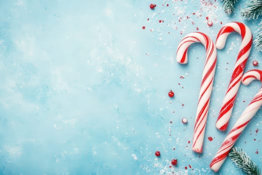 Candy canes are arranged neatly on a bright blue surface, surrounded by small decorative items and festive accents. The scene evokes a joyful holiday spirit, perfect for seasonal celebrations.