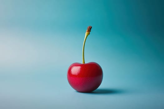 A bright cherry rests on a smooth blue surface, highlighting its shiny skin. The contrast between the vibrant red fruit and the cool blue background creates a striking visual appeal.