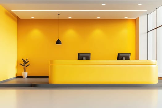 A sleek car rental counter with a minimalist aesthetic showcases a bright yellow reception area. The environment is inviting, designed for efficient customer service.