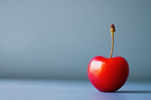 A vibrant, fresh cherry stands alone on a smooth surface, displaying its glossy skin and slender stem. The soft blue background enhances its rich color, creating a serene focal point.