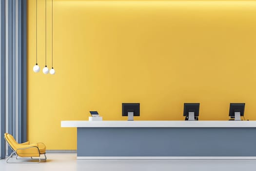 The car rental counter showcases a clean minimalist design with a bright yellow wall and functional lighting. Three monitors sit on a sleek white surface, surrounded by a stylish seating area.