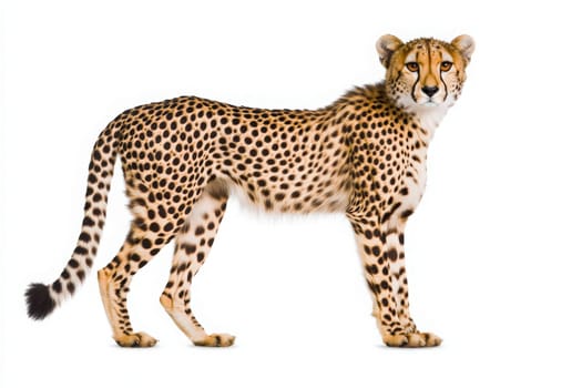 A cheetah stands poised in the center, showcasing its distinctive spotted coat and sleek body. The clean white background accentuates its graceful form and vibrant colors.
