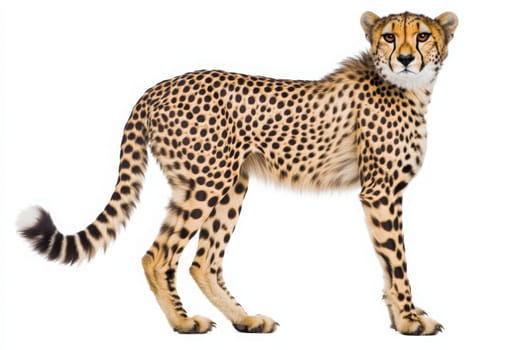 A cheetah stands in a poised position, showcasing its distinctive spotted coat and graceful form. This solitary moment highlights the elegance and beauty of the big cat.
