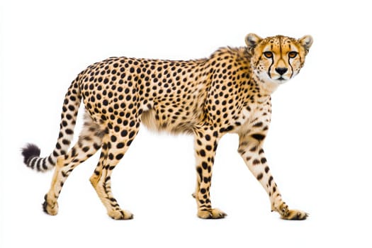 A cheetah strides confidently, showcasing its sleek body and distinctive spots, isolated against a plain backdrop that emphasizes its elegance and power.