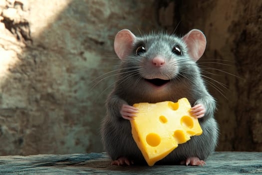 A cute fat rat holding a yellow cheese piece. AI generated
